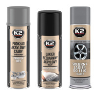 Zestaw do regeneracji felg K2 podkład szary, lakier srebrny i bezbarwny