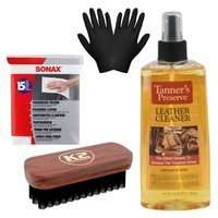 Zestaw: K2 Leather Cleaner do czyszczenia skóry 221ml + szczotka, ściereczki i rękawiczki